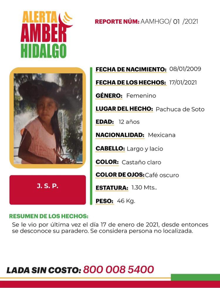 ALERTA AMBER POR NIÑA DESAPARECIDA EN PACHUCA